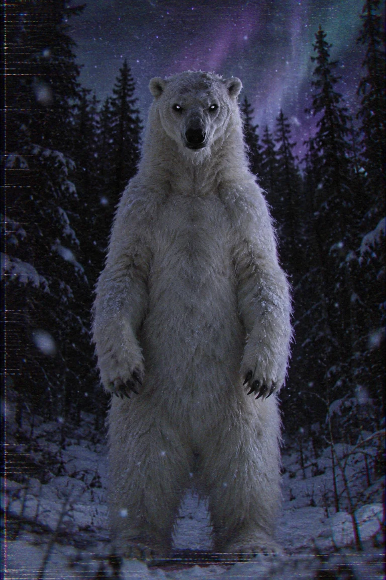 Cursed Polar Bear 2026 standing in a violet snowy forest